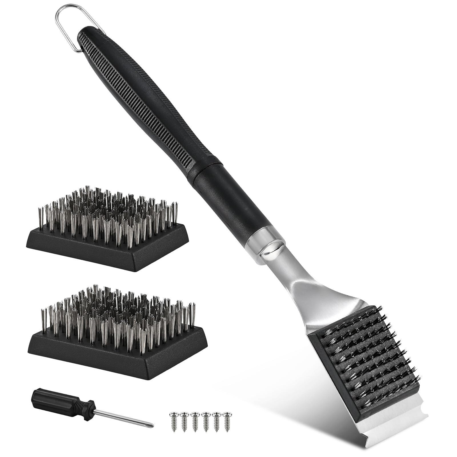 Cepillo y Rascador para Barbacoa con Mango Extralargo, Cepillo de Alambre para Carbón, Eléctrica y Gas, Incluye 2 Cepillos de Repuesto con Tornillos y Destornillador