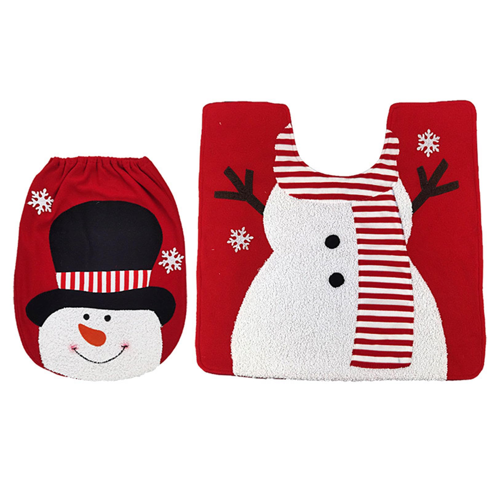 Tsophreniq 2 Pieces Set Christmas Toilet Seat Cover Santa Snowman Toilet Seat, Floor Mat Bathroom Mat