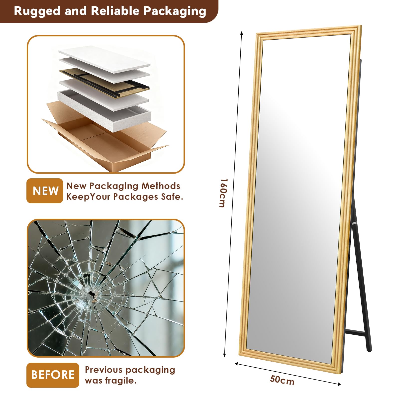 ThomP Specchio per tutto il corpo, 160 x 50 cm, specchio rettangolare in legno, con supporto, camera da letto, soggiorno, guardaroba (marrone)