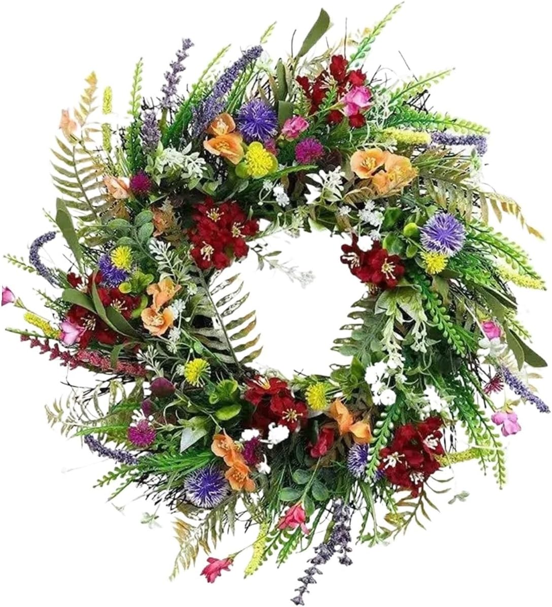 Plastic Wildflower Dried Ranunculus Wreath, Front Door Spring Summer Decor with Eucalyptus Greenery(Medium)