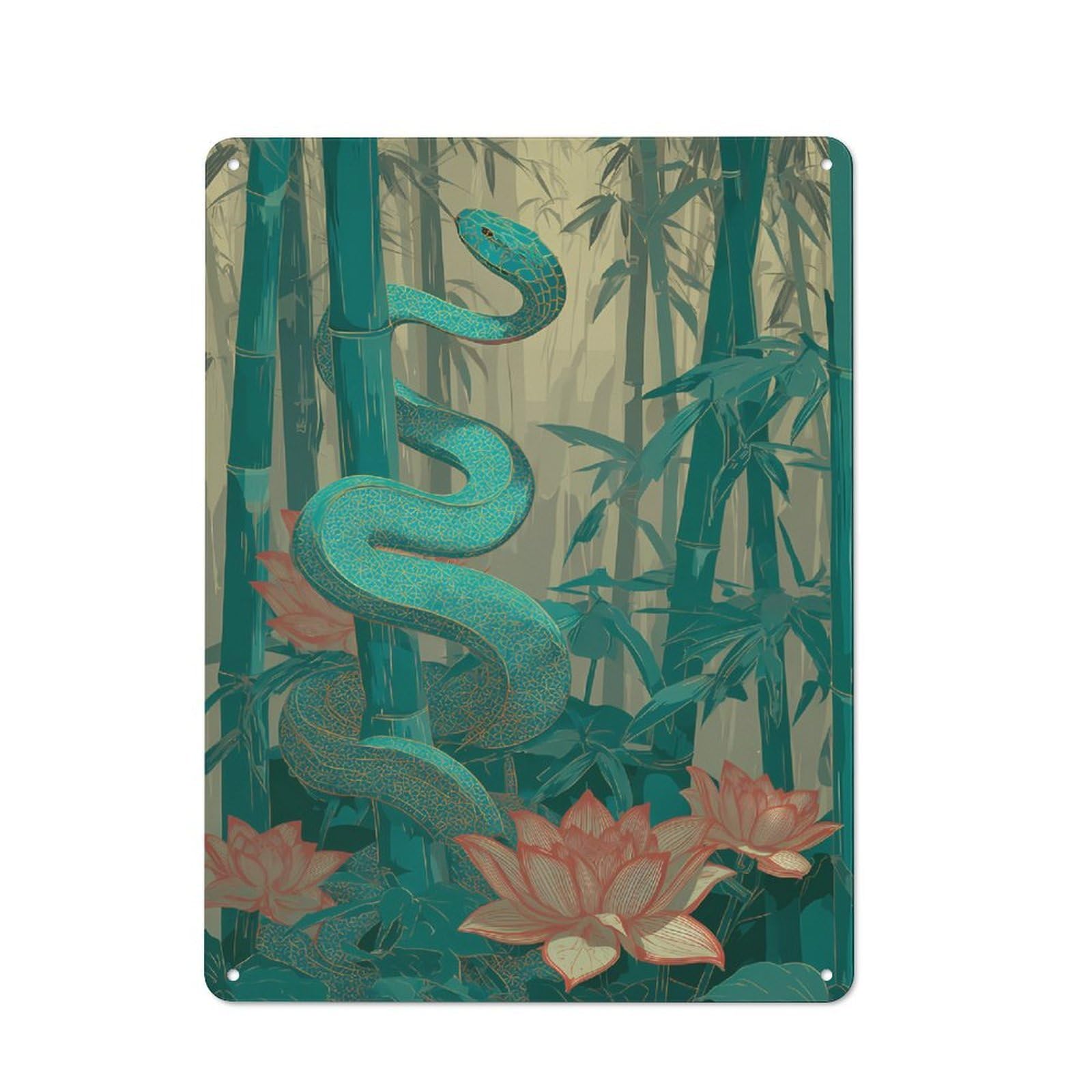 Junmoney Snake In Bamboo Forest With Lotus Workshop Style Metal Wall Sign 40X30cm, Industrial Wall Art For Workshop, Basement, Shed Or Games Room