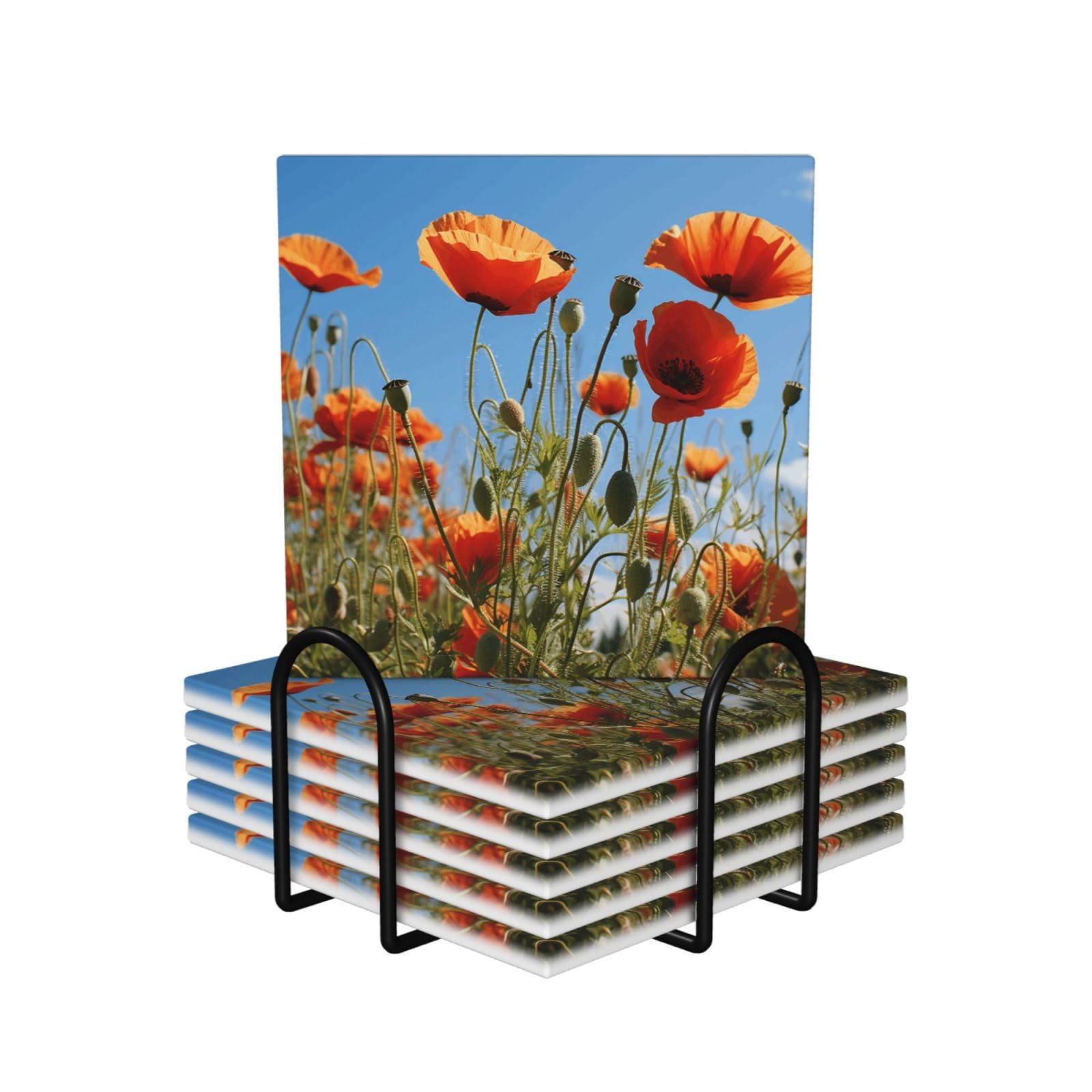 6Pcs Ceramics Coaster for Drinks, Poppies on Blue Sky Cup Coasters with Holder, Aesthetic Drink Coasters for Coffee Table, Absorbent Round Coaster for Tabletop Protection 4" Cup Mat Pad