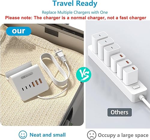 Miniatura 3 de Estación de carga USB VHBW, estación de carga de 6 puertos con 3USB-A y 3USB-C para múltiples dispositivos, estación de carga de mesa de noche multi