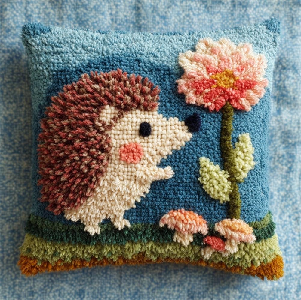 kitphoenix DIY Latch Hook Kits, Hedgehog and A Flower 3D Pillow Materials Package Latch Hook Embroidery Kits Cross Stitch Sofa Cushion Cover with Tool Fit for and Adults 17X17Inch