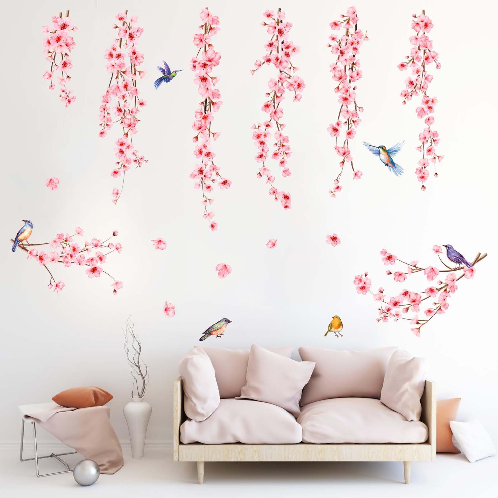 PinkEleph® Pink Cherry Blossom Wall Decals Birds Flower