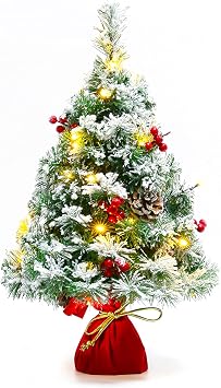 Sunnyglade 21.6 inch Snow Flocked Christmas Tree Artificial Mini Christmas Pine Tree Indoor Tabletop Ornaments Decorations with 30 LED Lights,Red Cloth Base and Pine Cones,White