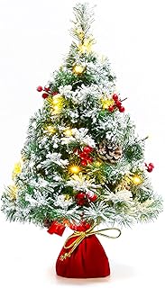Sunnyglade 21.6 inch Snow Flocked Christmas Tree Artificial Mini Christmas Tree Pine Tree Indoor Tabletop Ornaments Decorations with 30 LED Lights,Red Cloth Base and Pine Cones,White