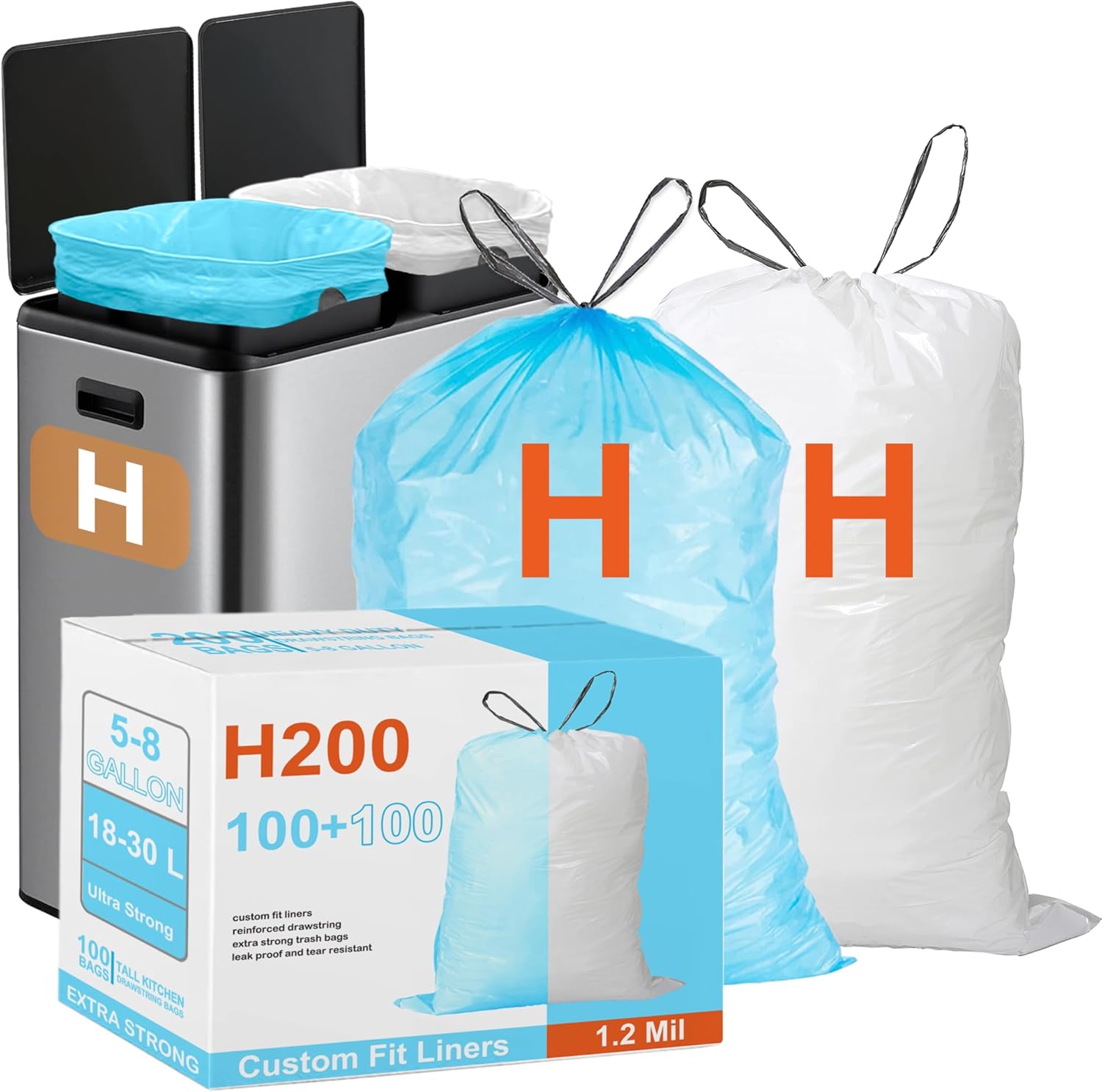 H200 White 100 & Blue 100 Compatible with simpIehuman Code H 8 Gallon 1.2 Mil THICK Heavy Duty Plastic Trash Bags with Reinforced Drawstring Leak-Proof Tear Resistant GRAND SAVE!