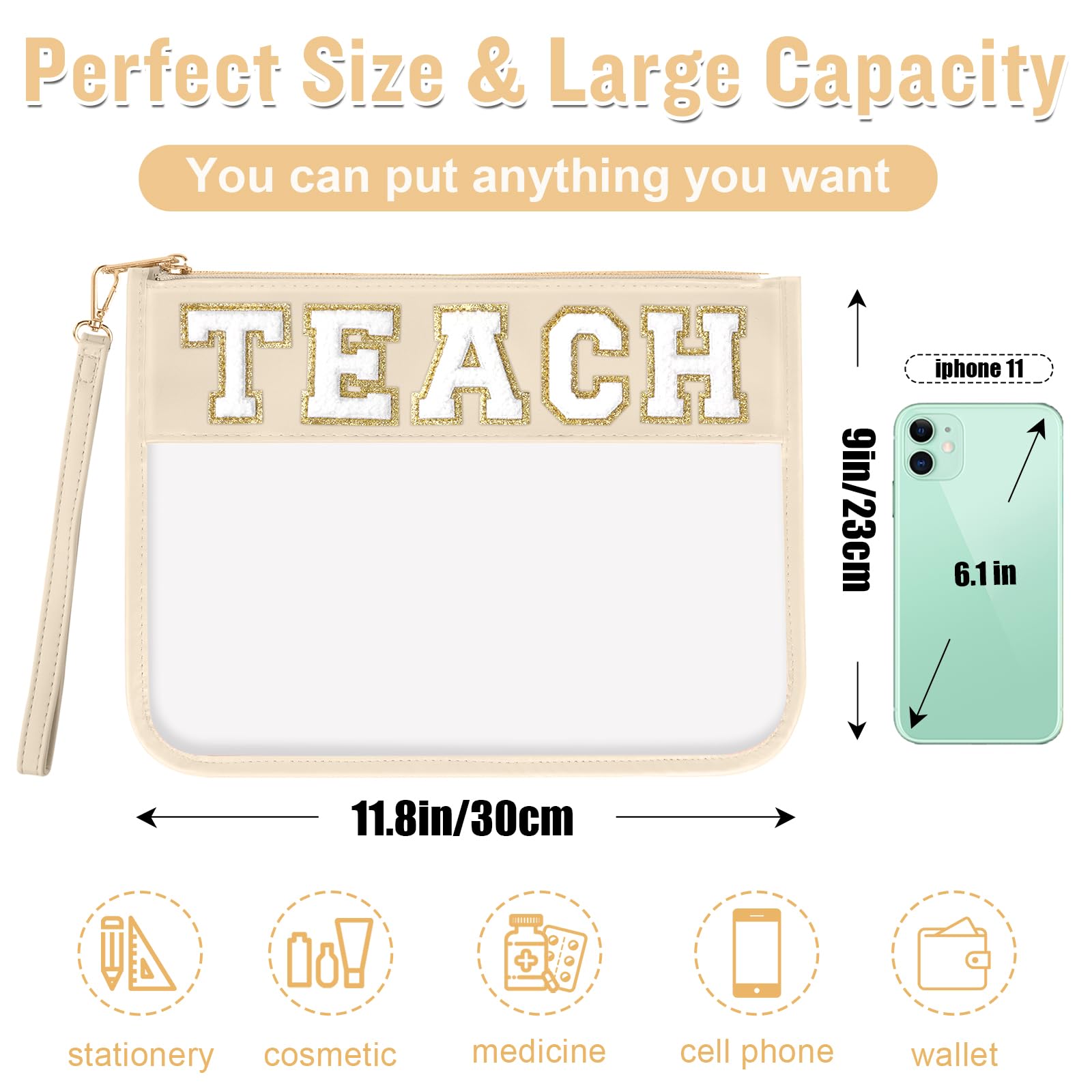 Teacher Appreciation Gifts TEACH Chenille Letter Clear Makeup Bag Pouch, Monogram PVC Clear Zipper Pouch with Wristlet Travel Cosmetic Bag Graduation Retirement Teacher Gifts for Women(TEACH-Beige)