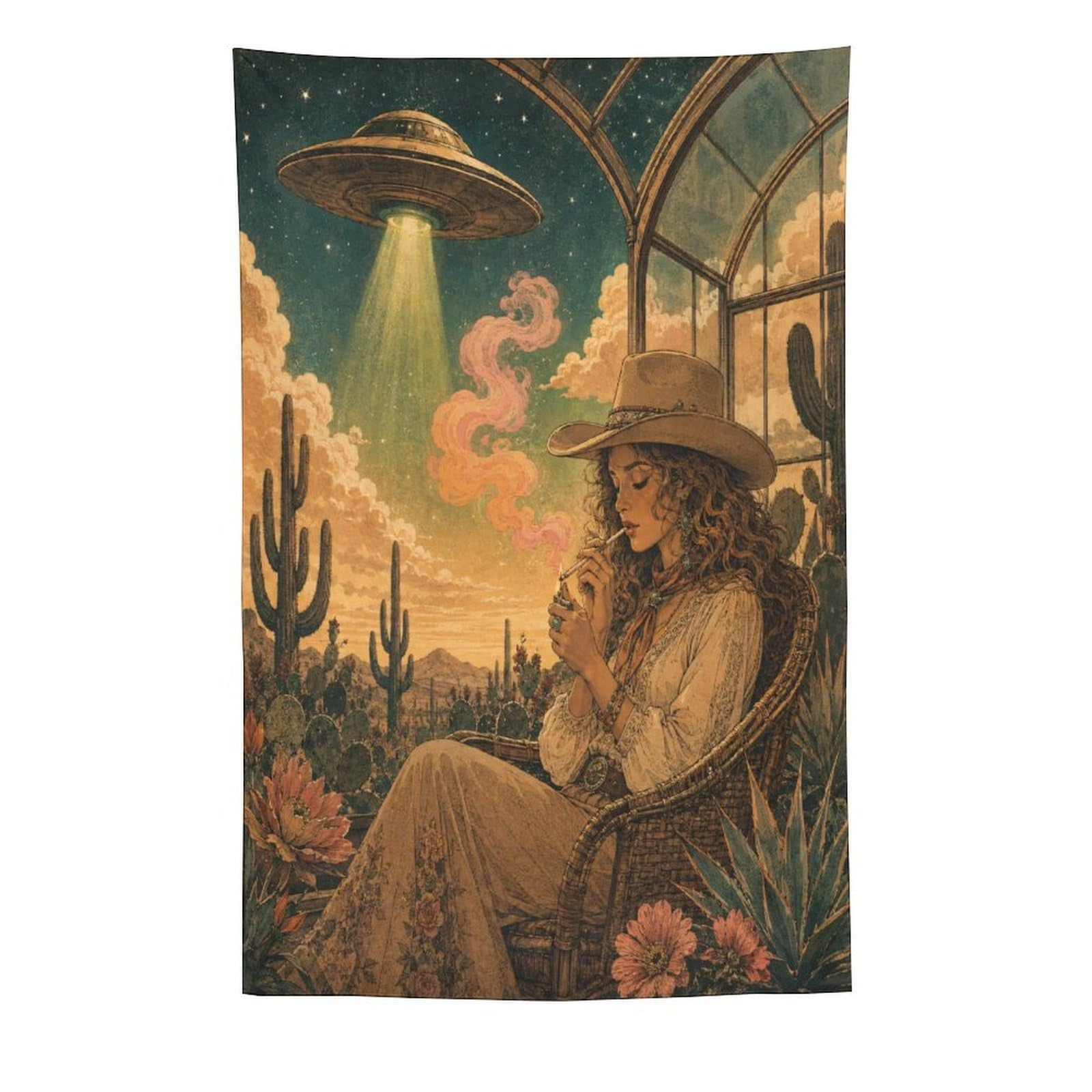 W7C8U2X3 UFO Cowgirl Cactus Garden Wall Tapestry, Surrealist, Office