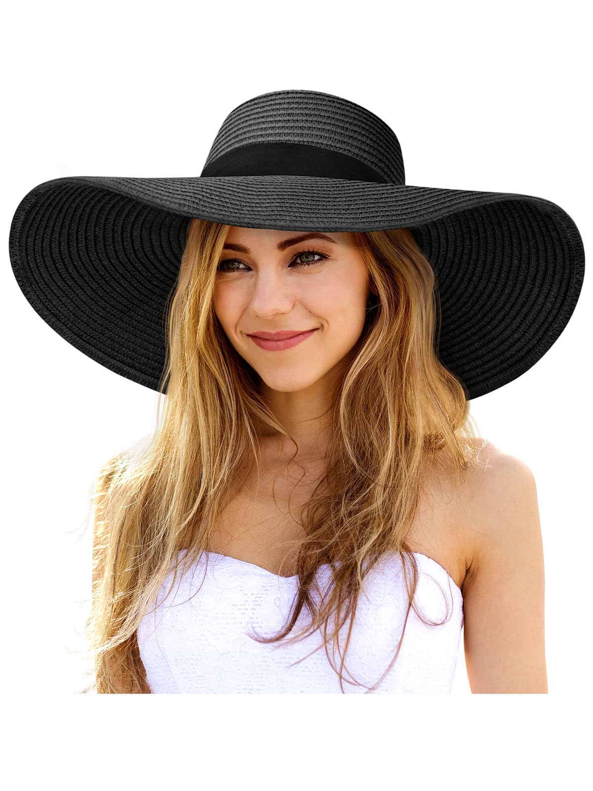 Senker Fashion Sun Hats for Women Oversize Wide Brim Straw Beach Hat Floppy Foldable Roll-Up Summer Vacation UPF 50+