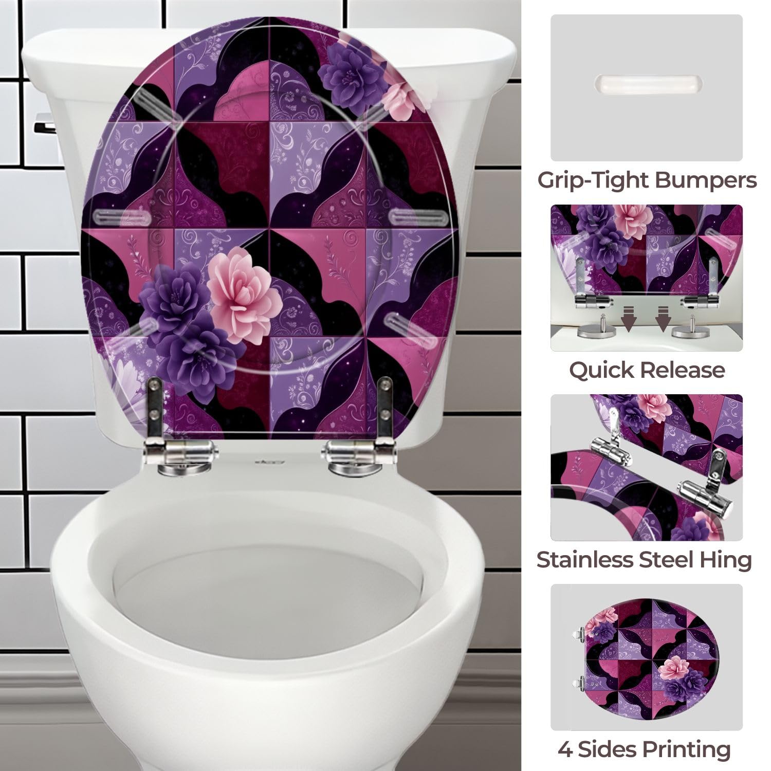Asiento de inodoro decorativo de resina, con cierre suave y liberación rápida para baño.