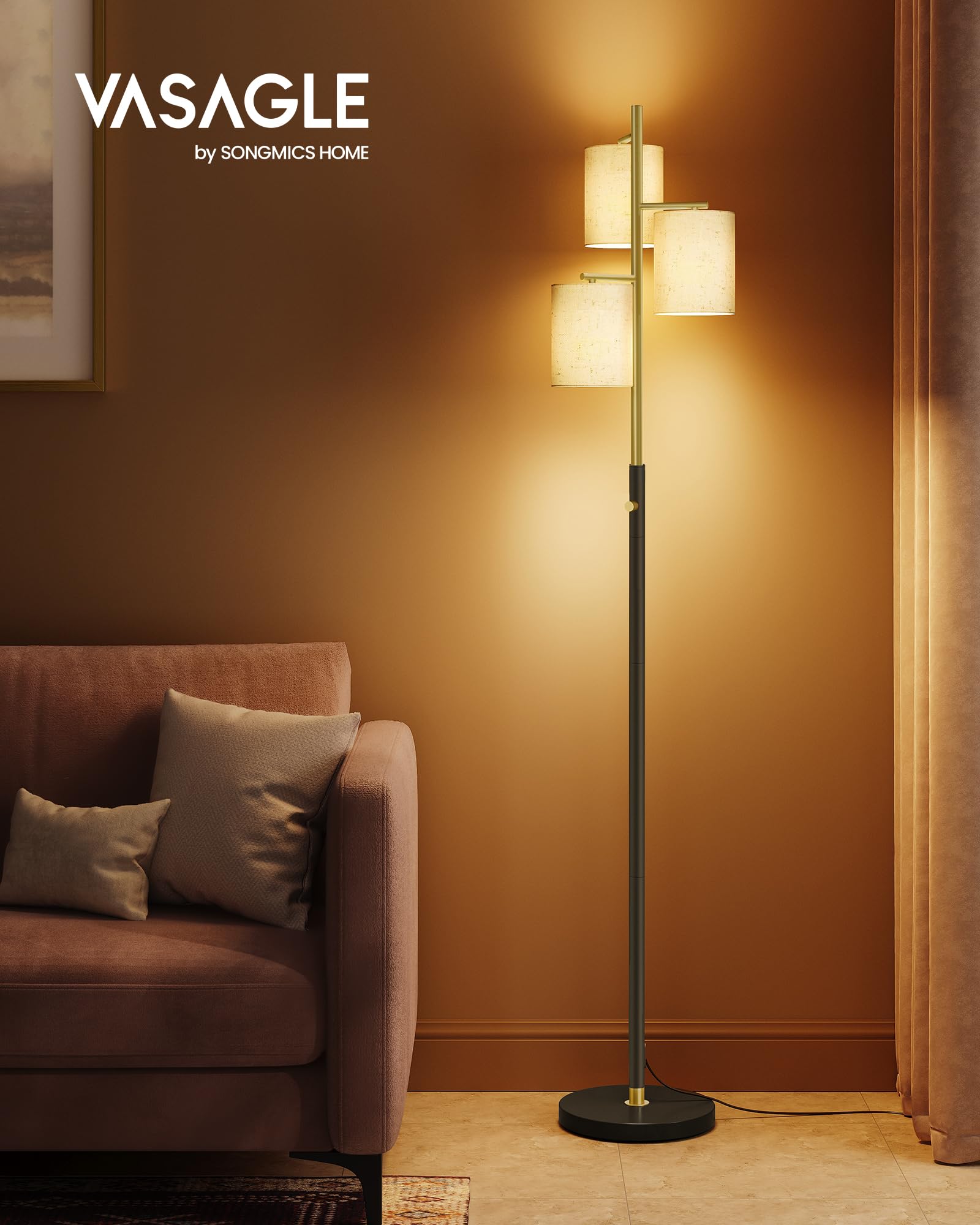 VASAGLE Stehlampe Dimmbar, Stehlampe Wohnzimmer, Standleuchte mit 3 Glühbirnen, modern Stehleuchte, Lampenschirm aus Stoff, 3 E27 Fassungen, für Kinderzimmer,Schlafzimmer, Büro gold-schwarz LFL003B02