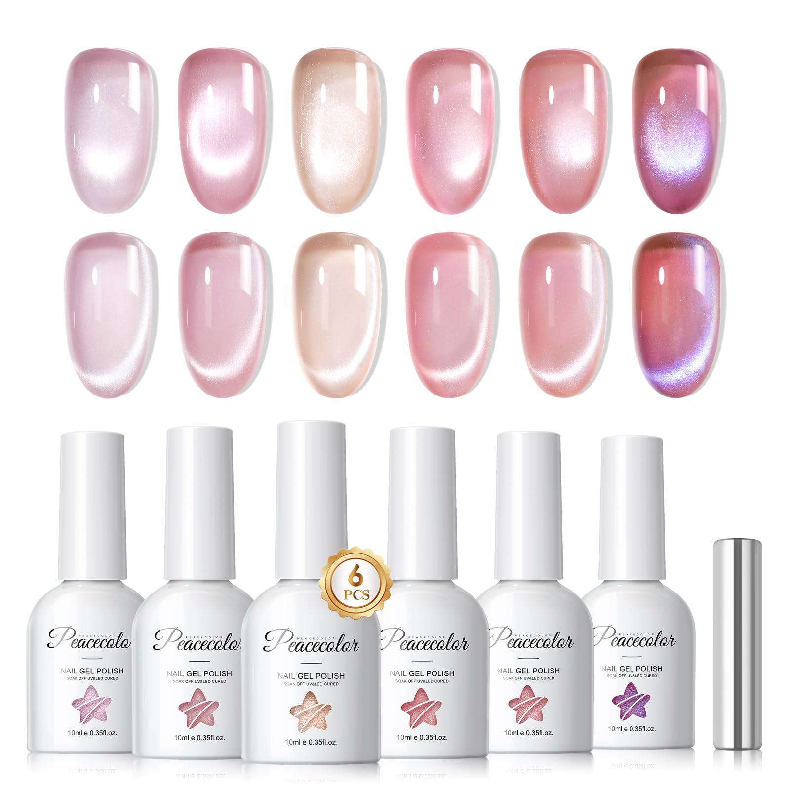 PEACECOLOR UV Nagellack Cat Eye, 6PCS 10ML Rosa Gel Nagellack mit Magnet Soak Off Cat Eye Gel, Nail Art Maniküre Salon DIY