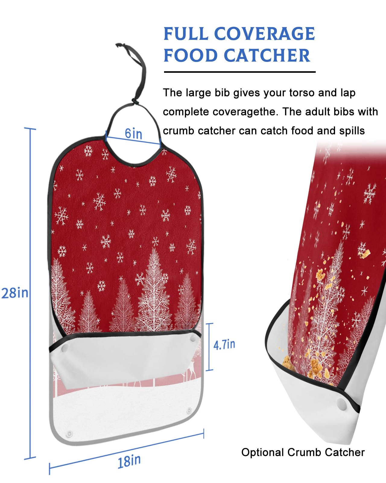 Kewadony Adult Bibs for Elderly Women - Red Christmas Tree Waterproof Dining Clothing Protectors with Crumb Catcher for Eating/Feeding, Xmas Elk Winter Snowflake Terry Cloth Bib Machine Washable