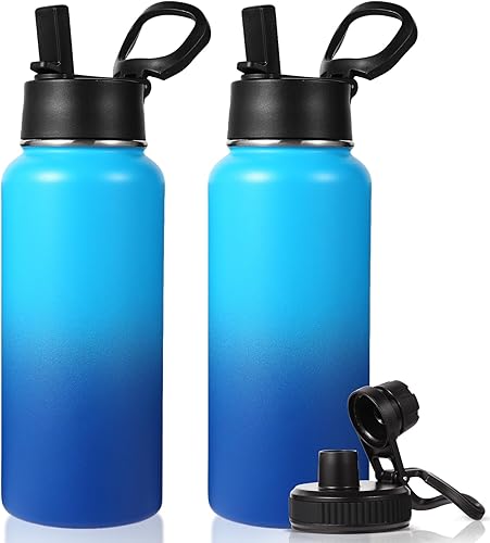 Miniatura 10 de Neihepal - Botellas de agua aisladas de 32 onzas a granel con 2 tapas (pajita y boquilla), botella de agua de acero inoxidable de doble pared, Azul