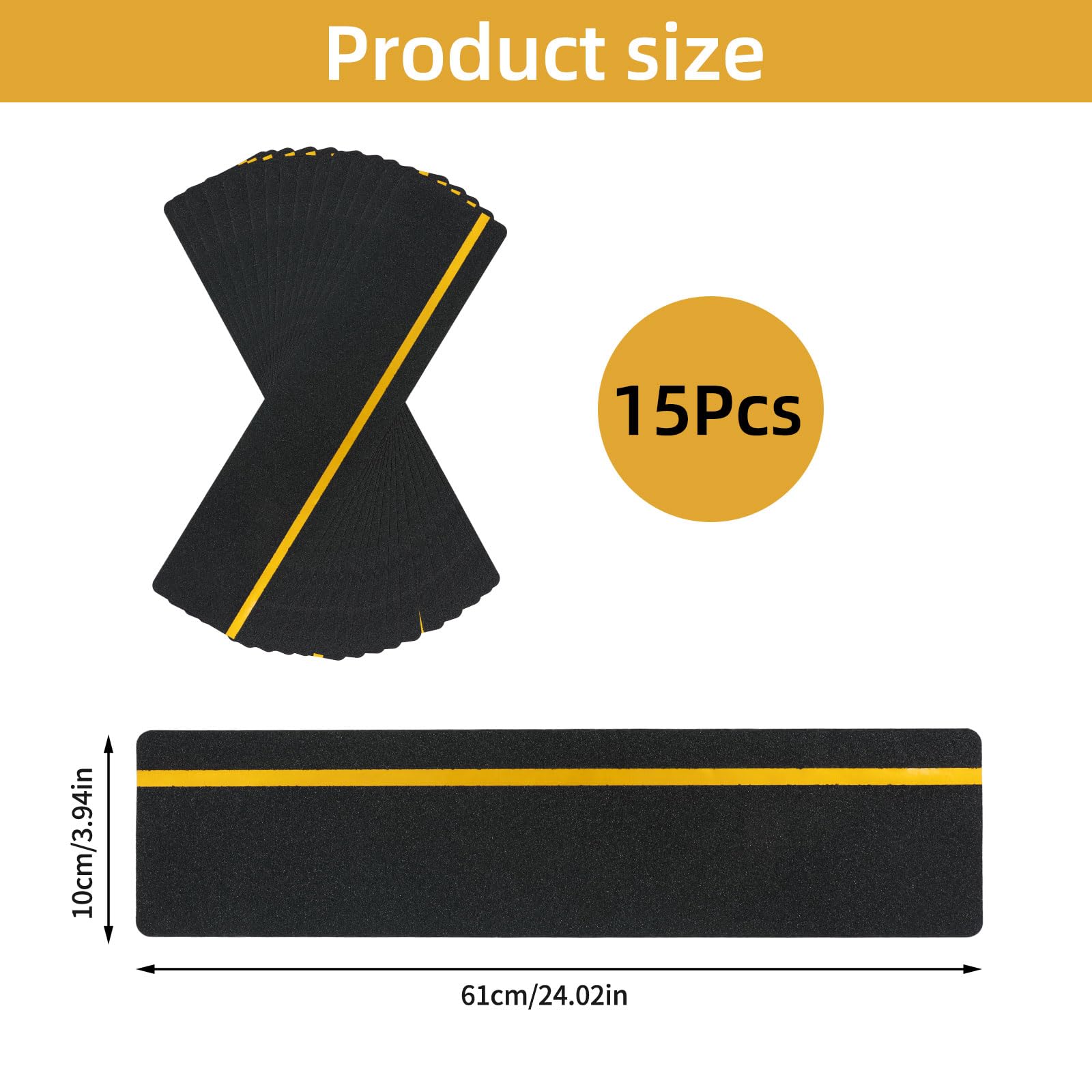 Tiras antideslizantes para escaleras, exteriores, 61 x 10 cm, resistentes a la intemperie, cinta adhesiva de alto rendimiento, 15 unidades, para interiores y exteriores (negro y amarillo)