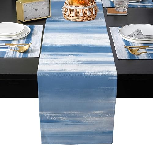 Juego de caminos de mesa de cocina y manteles individuales decoración de granja arte moderno pintura de arte abstracto color azul y blanco algodón y