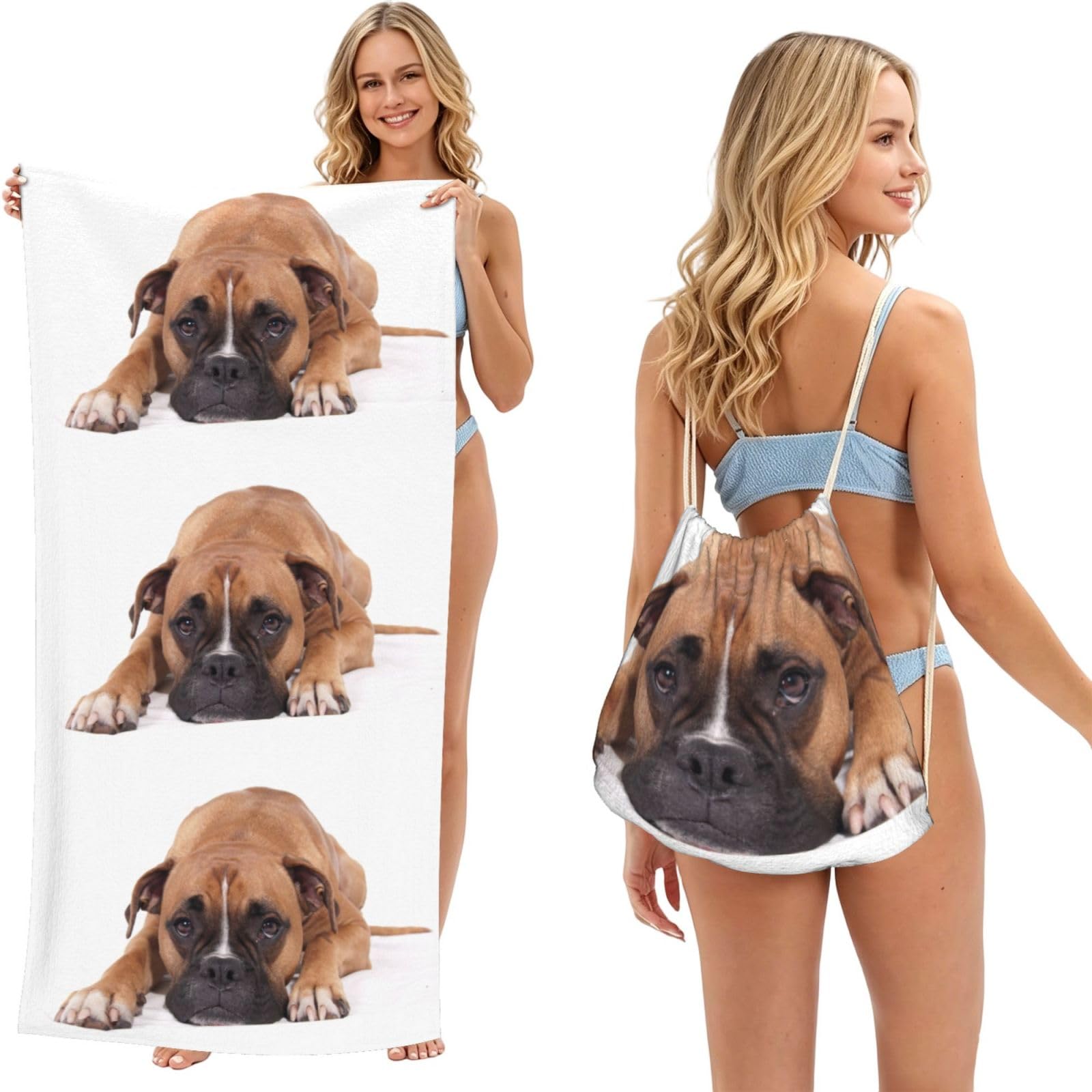 Poadnly As Picture Boxer Dog, 2 In 1 Packable Towel Bag, Beach Towels With Drawstring Backpack For Travel Holiday Camping
