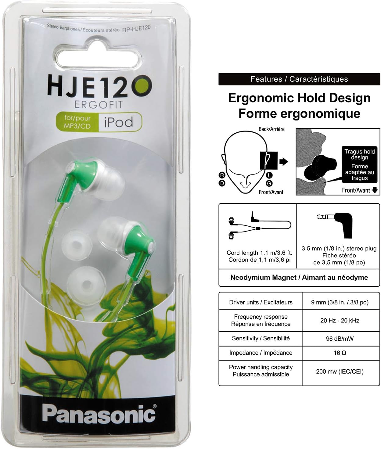 Panasonic ErgoFit In-Ear Earbud Headphones RP-HJE120-G (Green) Dynamic Crystal Clear Sound, Ergonomic Comfort-Fit : Electronics