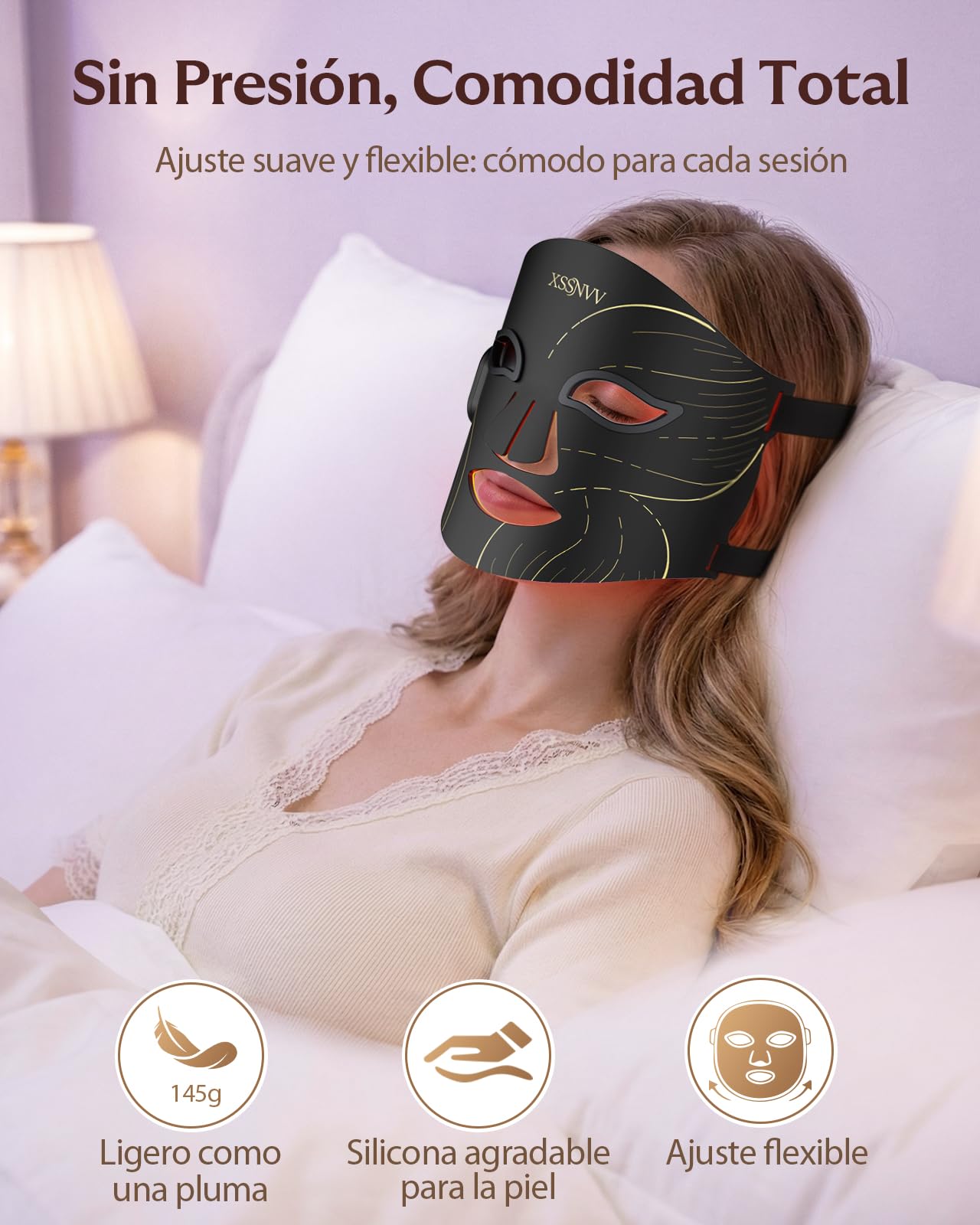 Máscara LED Facial Inalámbrica Recargable, Mascarilla Led de Silicona Flexible con 4 Modos de Luz, 850 nm Infrarrojo Cercano, 272 LEDs, Incluye Protectores Oculares para Cuidado Facial, NVV03