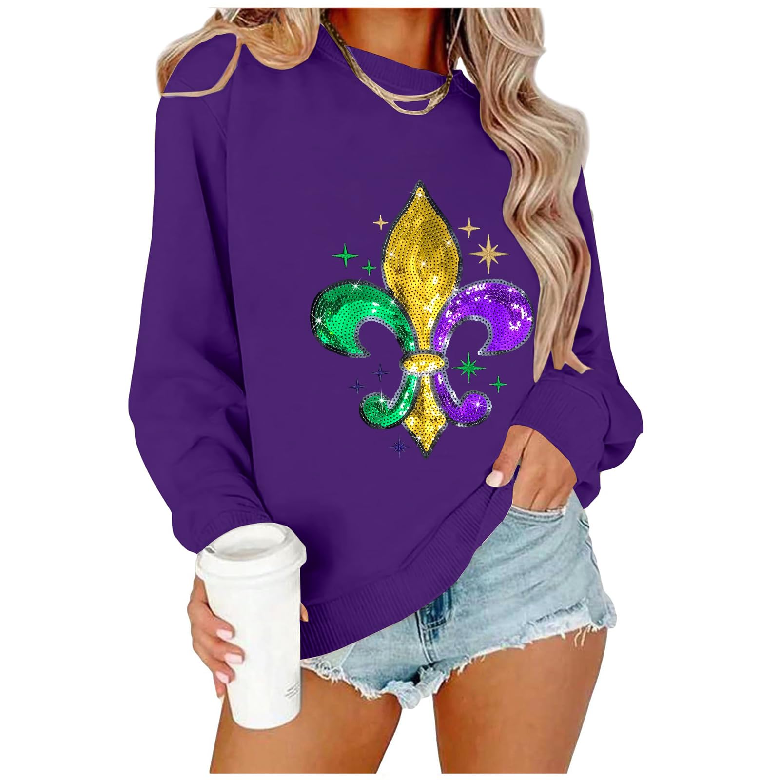 Mardi Gras Sweatshirt for Women Sequin Fat Tuesday Long Sleeve Shirt New Orleans Carnival Party Pullover Top-picture-12