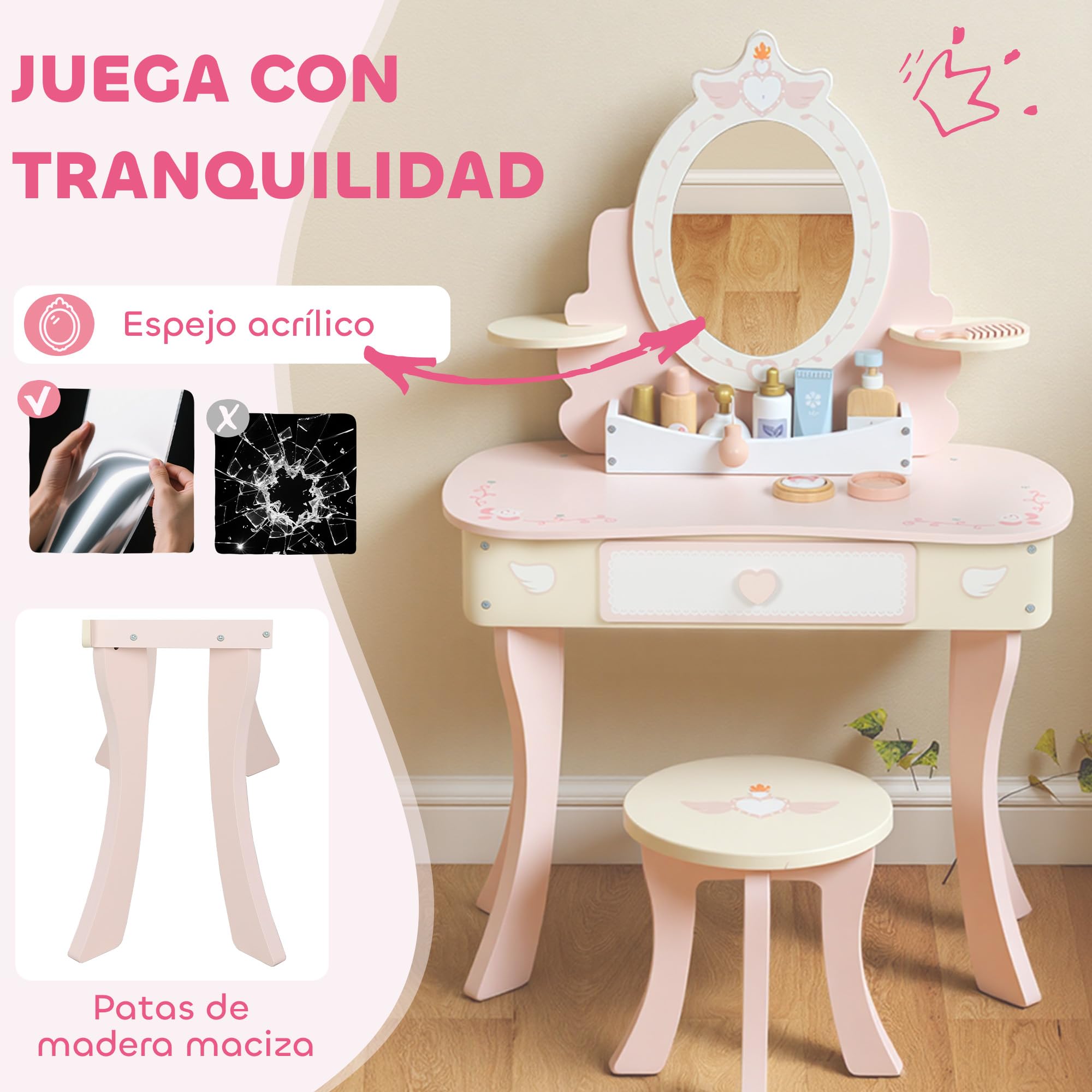 AIYAPLAY Tocador para Niñas, Tocador de Maquillaje Niñas, 2 en 1, Escritorio, con Taburete, Espejo, Cajón, 7 Accesorios, a Partir de 3 Años, Rosa