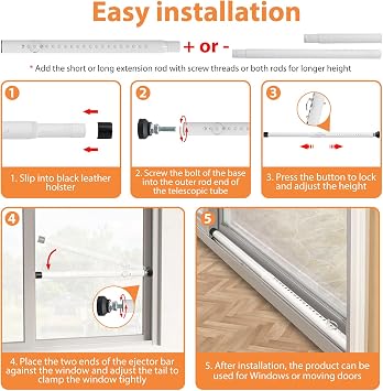 BsBsBest Window Security Bars Inside Adjustable 18 to 51 Inch Sliding Door Security Bar Interior White 1 Pack Window Locks Security up and Down Window Bars Security Extendable
