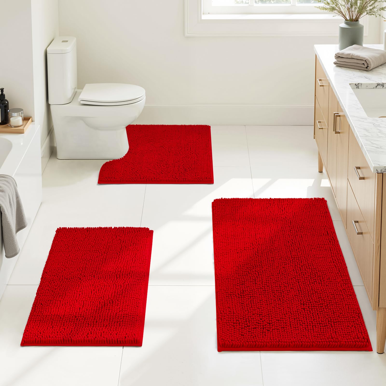 HOMEIDEAS 3 Pieces Bathroom Rugs, Ultra Soft Non Slip Absorbent Chenille Toilet Bath Mat Set (Red)
