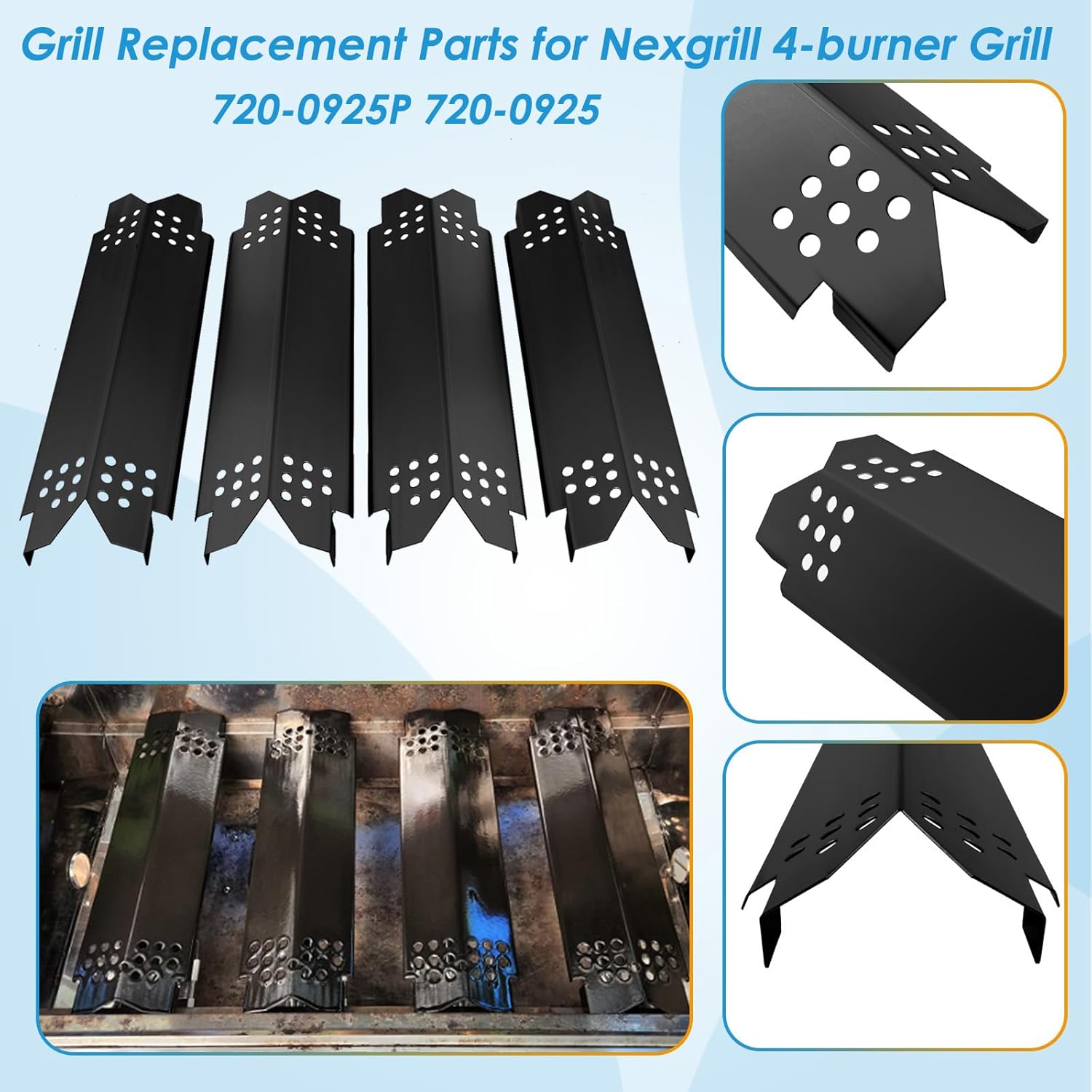 Grill Parts for Nexgrill 4 Burner 720-0925 720-0925P 720-0925PG, Cooking Grate, Heat Shield and Burner Kit for Nexgrill 720-0925P Replacement Parts for Nexgrill 4 Burner 720-0925