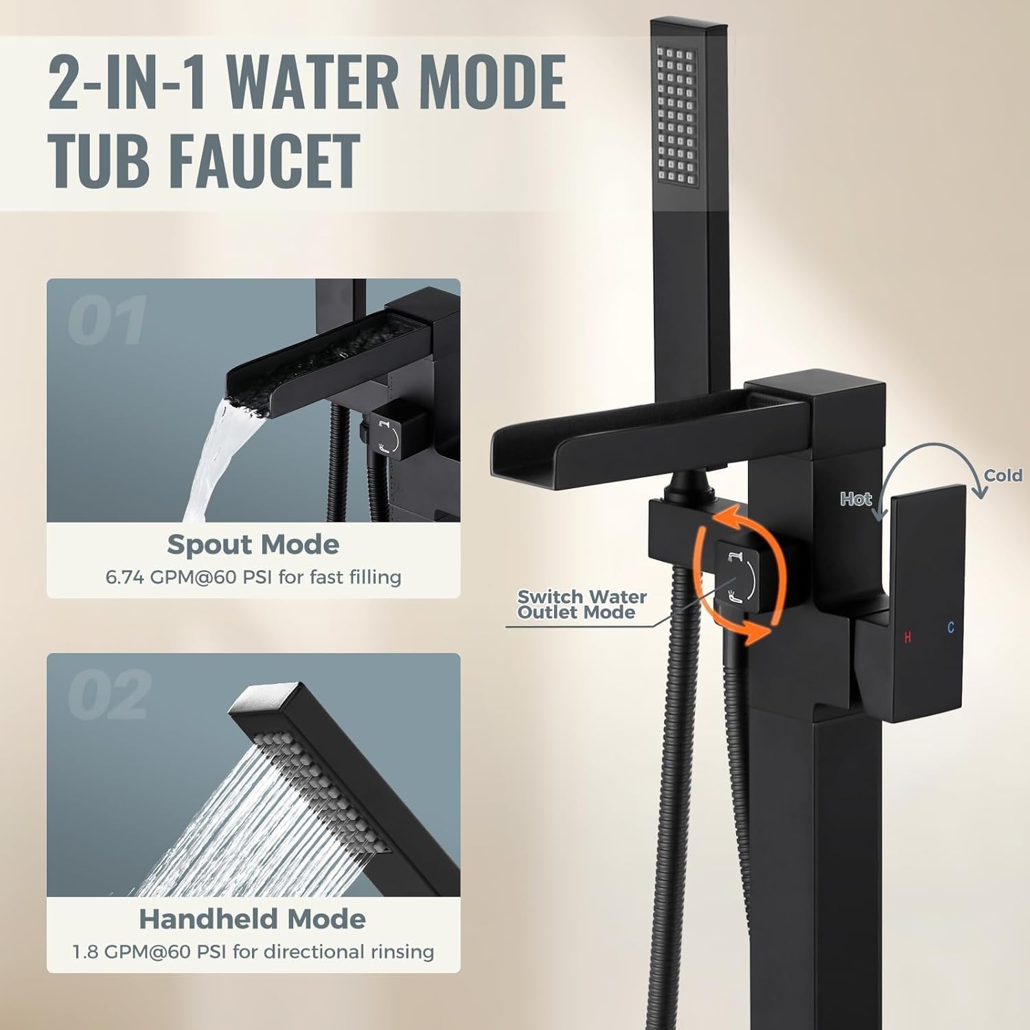 Freestanding Tub Faucet Matte Black: ALEASHA High Flow Max 6.74 GPM Free Standing Tub Filler - Brass Modern Floor Mount Bathtub Faucet with Handheld Shower, for the Ultimate Elegant SPA Experience