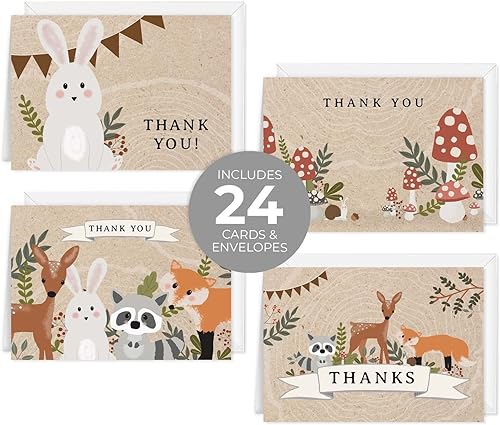 Miniatura 2 de Tarjetas de agradecimiento de animales del bosque, 24 tarjetas de baby shower con sobres blancos, 3 12 x 4 78 pulgadas, tarjetas de felicitación