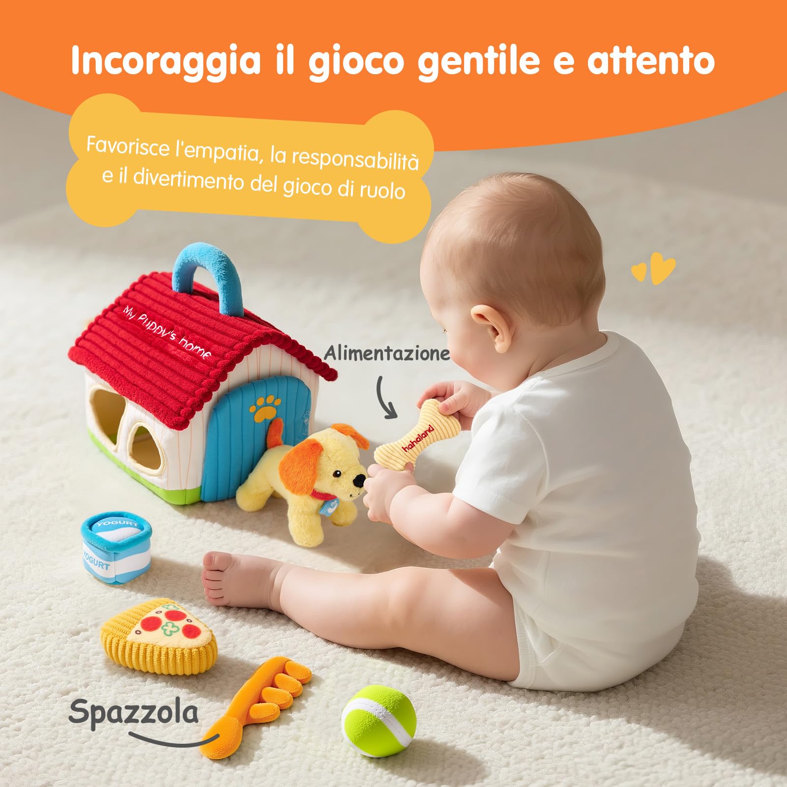 hahaland Giochi Neonato 6 Mesi - 8 PCS Set di Cane Peluche con Fienile & Corrispondenza delle Forme - Giocattolo Educativi per Bambini, Montessori Sensoriale Regalo Bimbo Bimba 6 9 12 Mesi