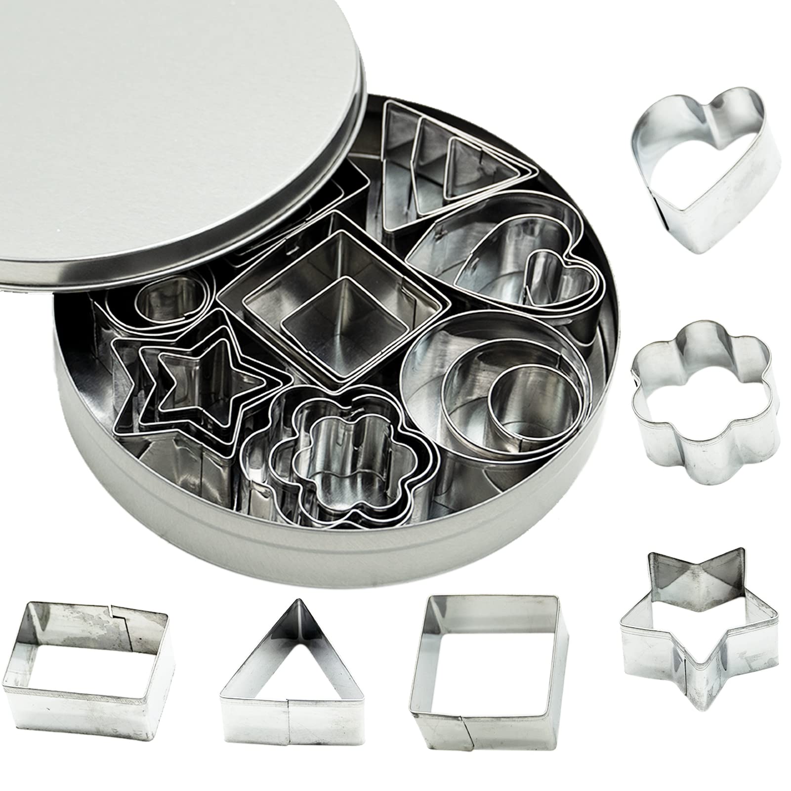 Cookie Cutter Set 24Pcs Mini Biscuit Pastry Cutters Stainless Steel Heart Star Circle Round Flower Shapes Pastry Baking Mould for Cookie Fondant Cake Decorating
