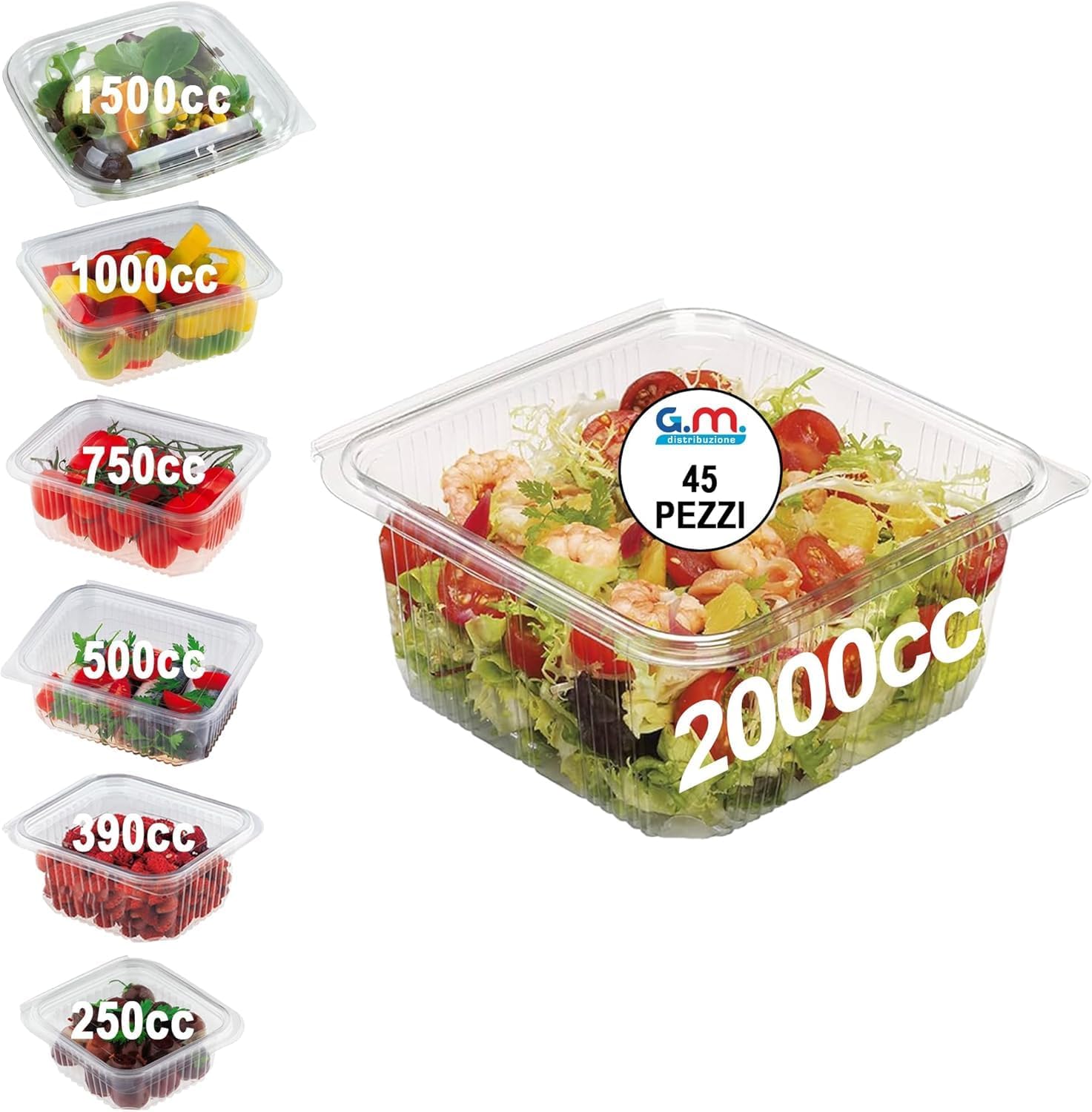 Generico GM – 100 Vaschette Quadrate Trasparenti 2000 cc con Coperchio Attaccato, Contenitori Ermetici in PET Idonei al Contatto Alimentare per Gastronomia, Asporto e Pranzo – 18×17×8h cm