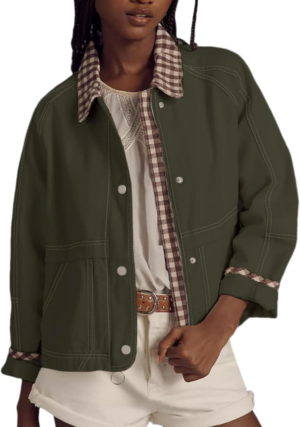 VAOYIU Women Casual Button Front Jacket Loose Plaid Cuffs Collar Trendy Coat with Pockets Spring Autumn Wear