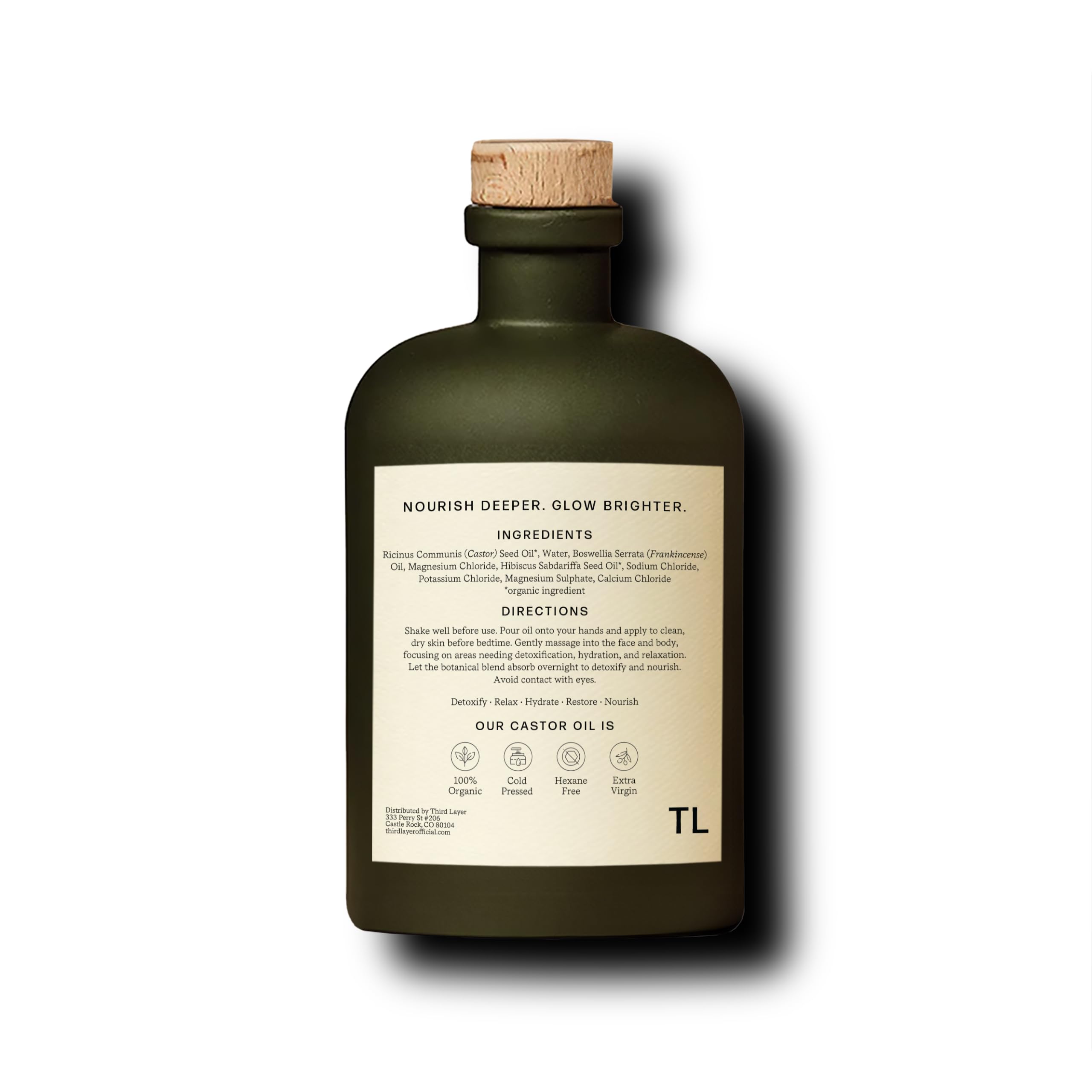 Third Layer 100% organiczny olej rycynowy do ciała, tłoczony na zimno, 414 ml | Bez heksanu, z magnezem i kadzidłem, do nawilżenia skóry i wieczornej pielęgnacji osobistej