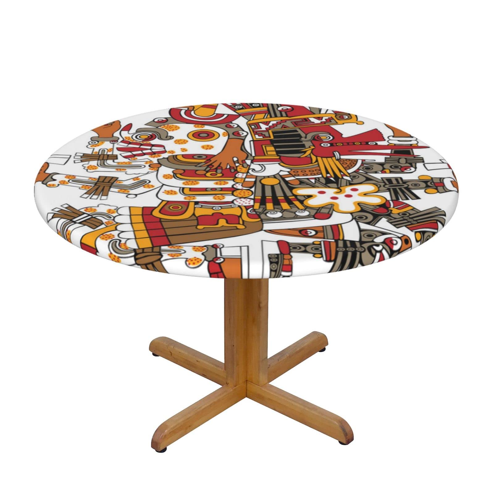 Lsjuee Round Fitted Tablecloth 45-50in Elastic Edged Table Cloth for Kitchen Dining Party Home Decor - Tribe God Aztec Abstract