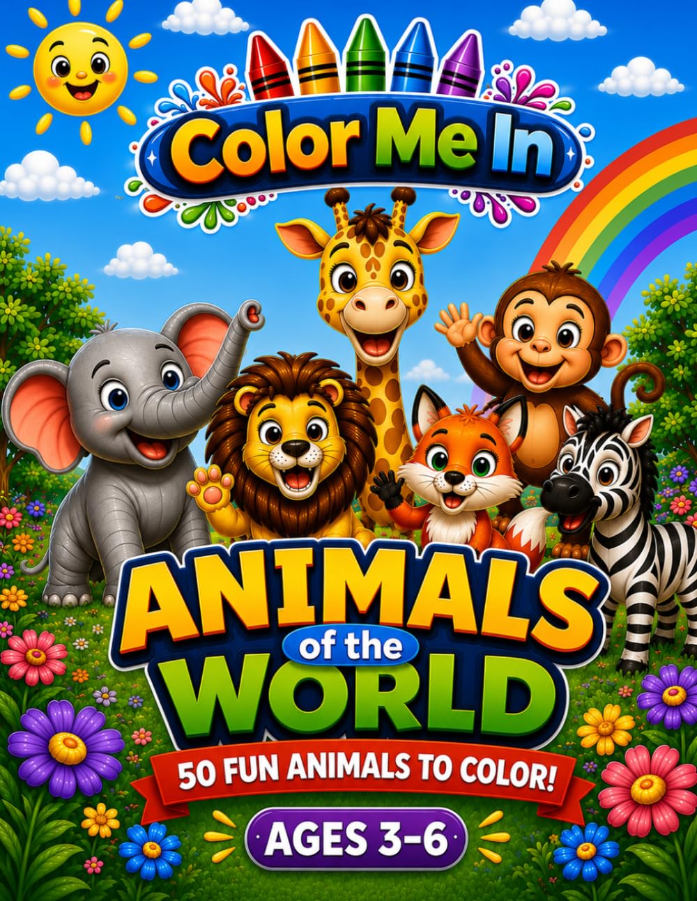 Color Me In: Animals of the World: 50 Fun Animals to Color with names on every page. Fun and educational coloring book for kids ages 3+