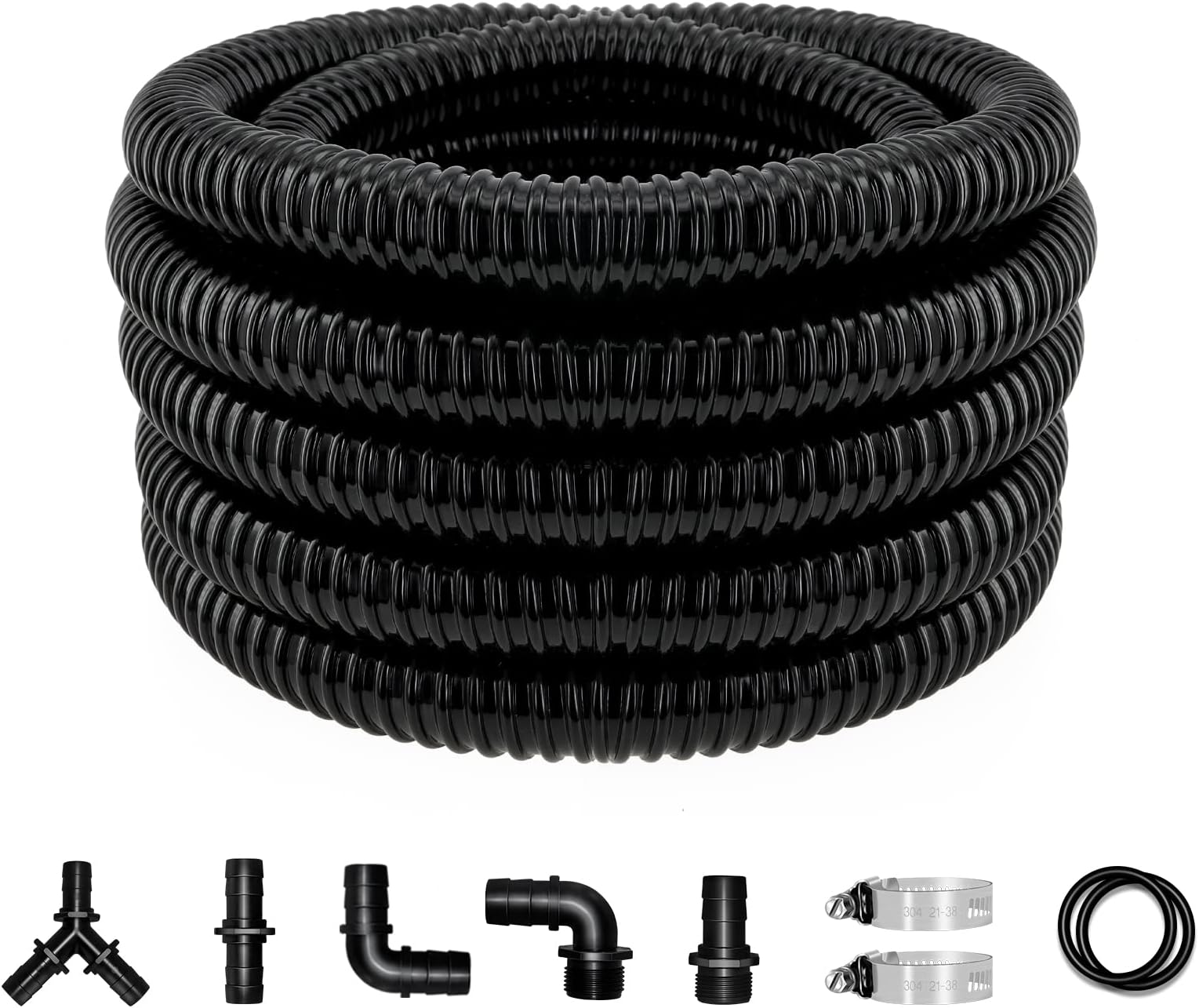 LONGRUN Pond Tubing 1 Inch Diameter, 20.7 Feet Long Corrugated Flexible Hose Pipe with Clamps Pipe Fittings, Pool PVC Tube for Garden Ponds Waterfalls Camping Caravans Filters Drainage Marine