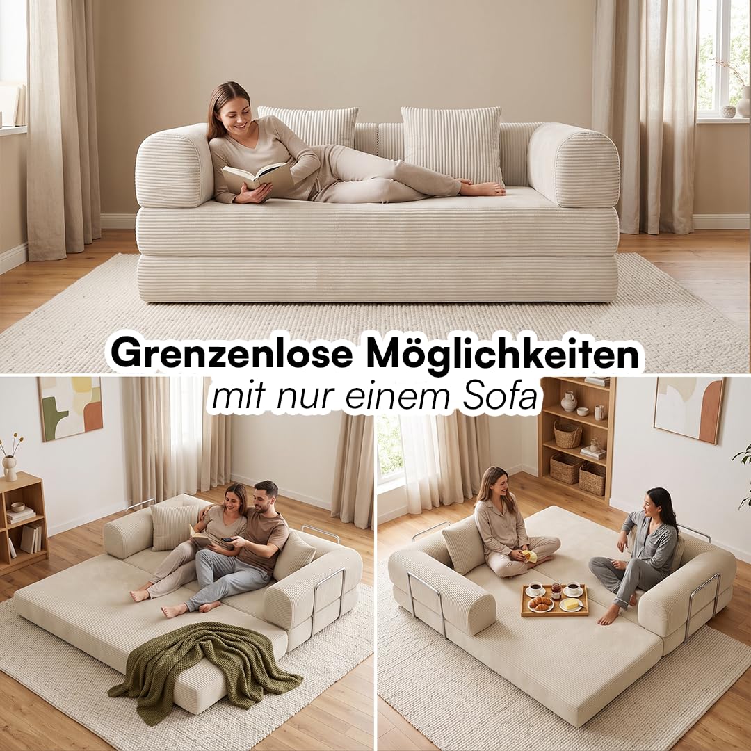 skølm Lofn Schlafsofa 2-Sitzer 200 cm, Cord Beige, mit 2 Kissen, Klappsofa
