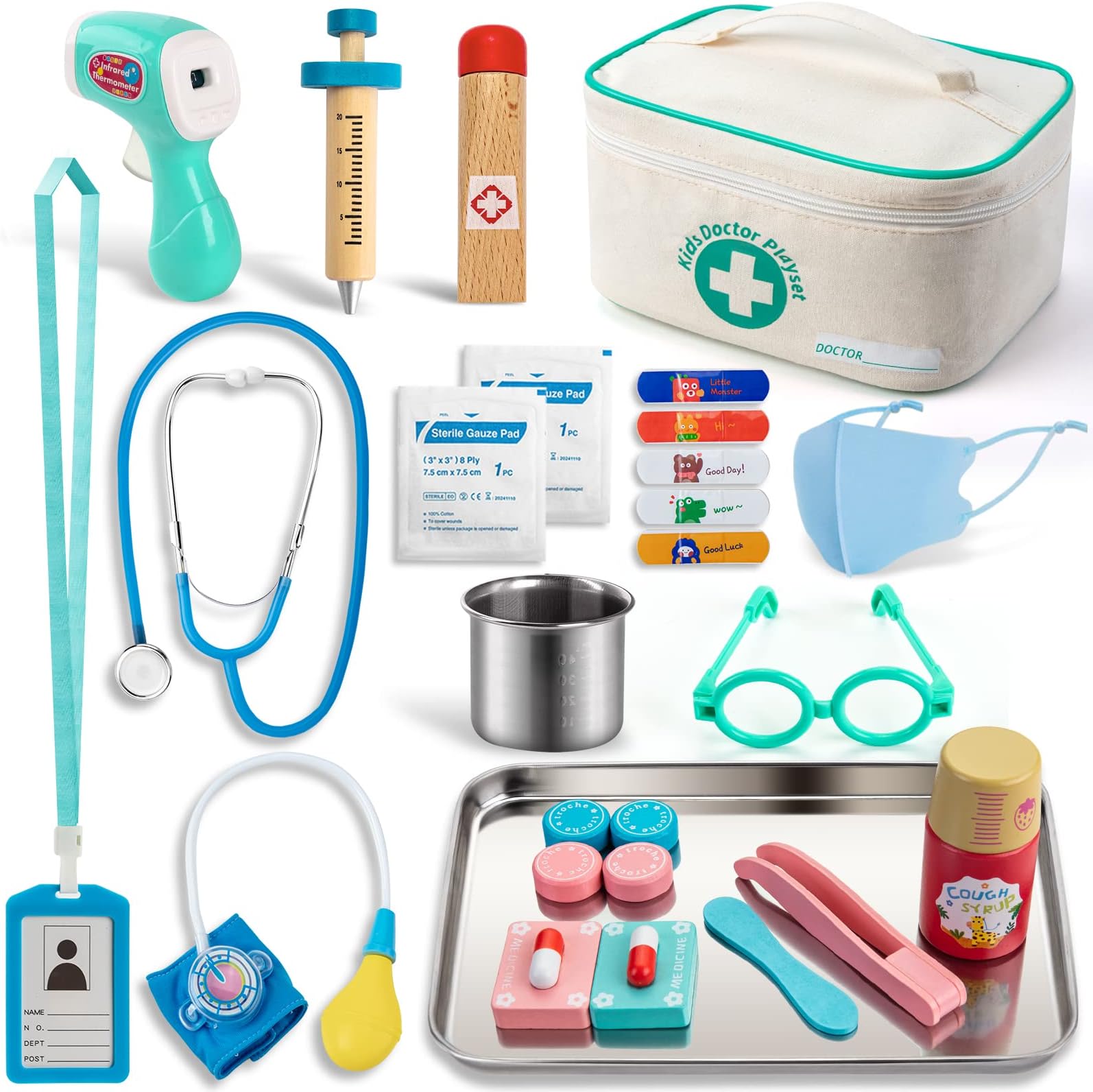 Sundaymot Doctors Set for Kids, with Real Wooden Stethoscope, Thermometer, Syringe and Practical Items for Children Role Play Medical, Gift for ​3 4 5 Years Boys Girls