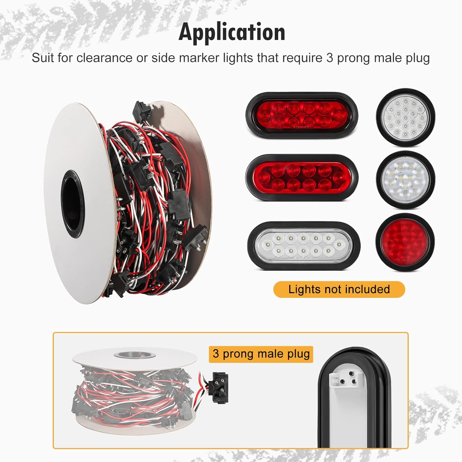 Partsam Continuous 3 Prong Right Angle Plug Wire Harness Roll Male Bullet Plugs for Side/Tail Clearance Marker Lights,100pcs Plugs, 3 Prong, 12" Lead Between Plugs