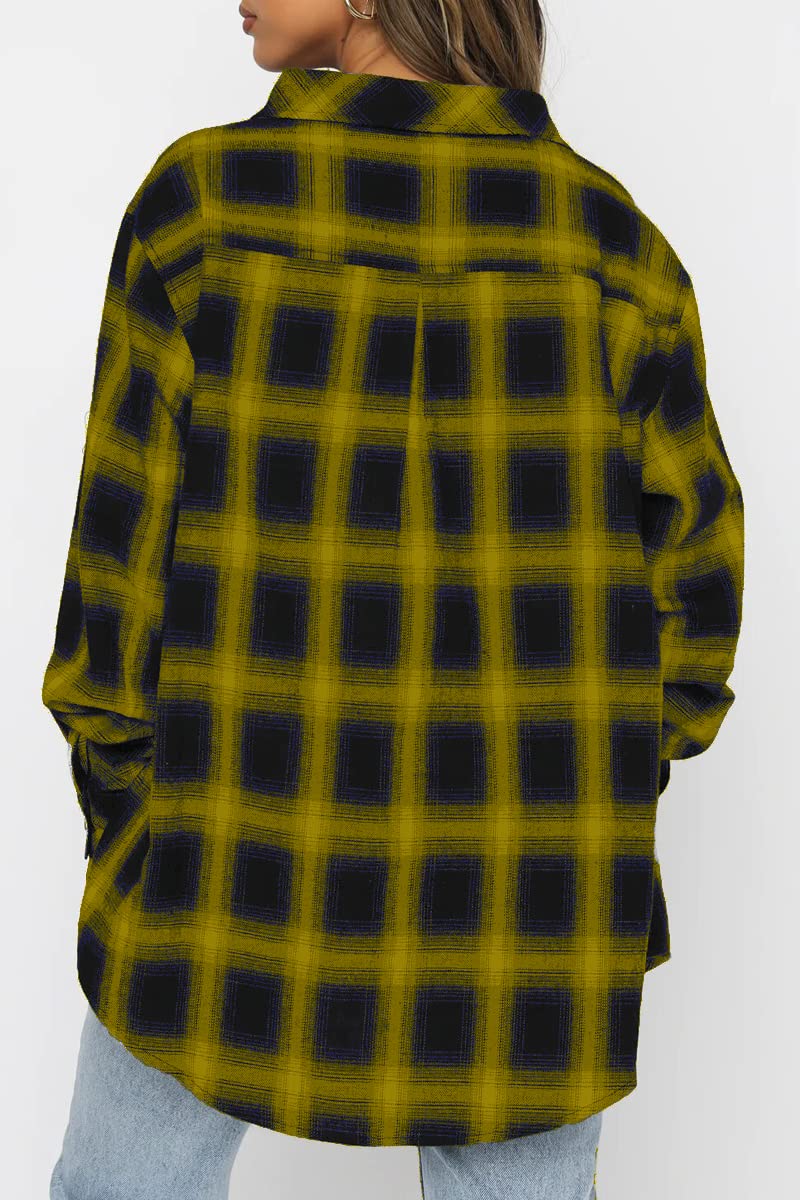 CHYRII Womens Button Down Flannel Shirts Long Sleeve Plaid Shackets Business Casual Blouse Top: XX-Large Yellow