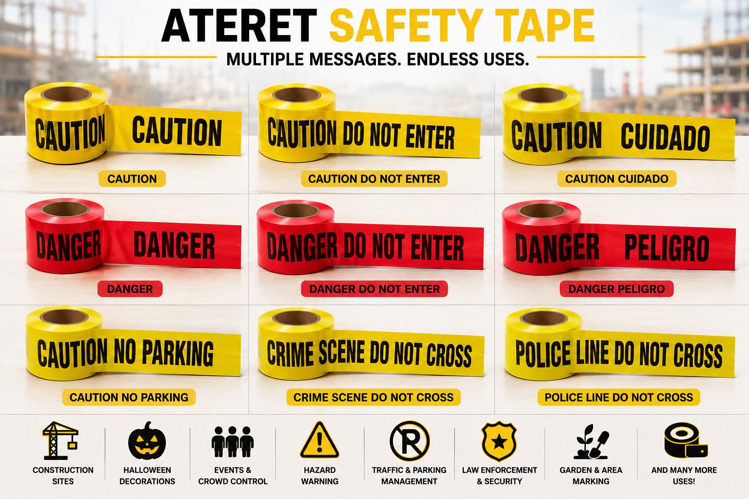 ATERET Premium Yellow Caution Tape I 3 inch x 1000 feet I Harzard Tape w/Bright Yellow & Bold Black Text I 3" Wide for Maximum Readability I Ideal Use for Danger/Hazardous Areas (1-Pack) — Amazon image 3