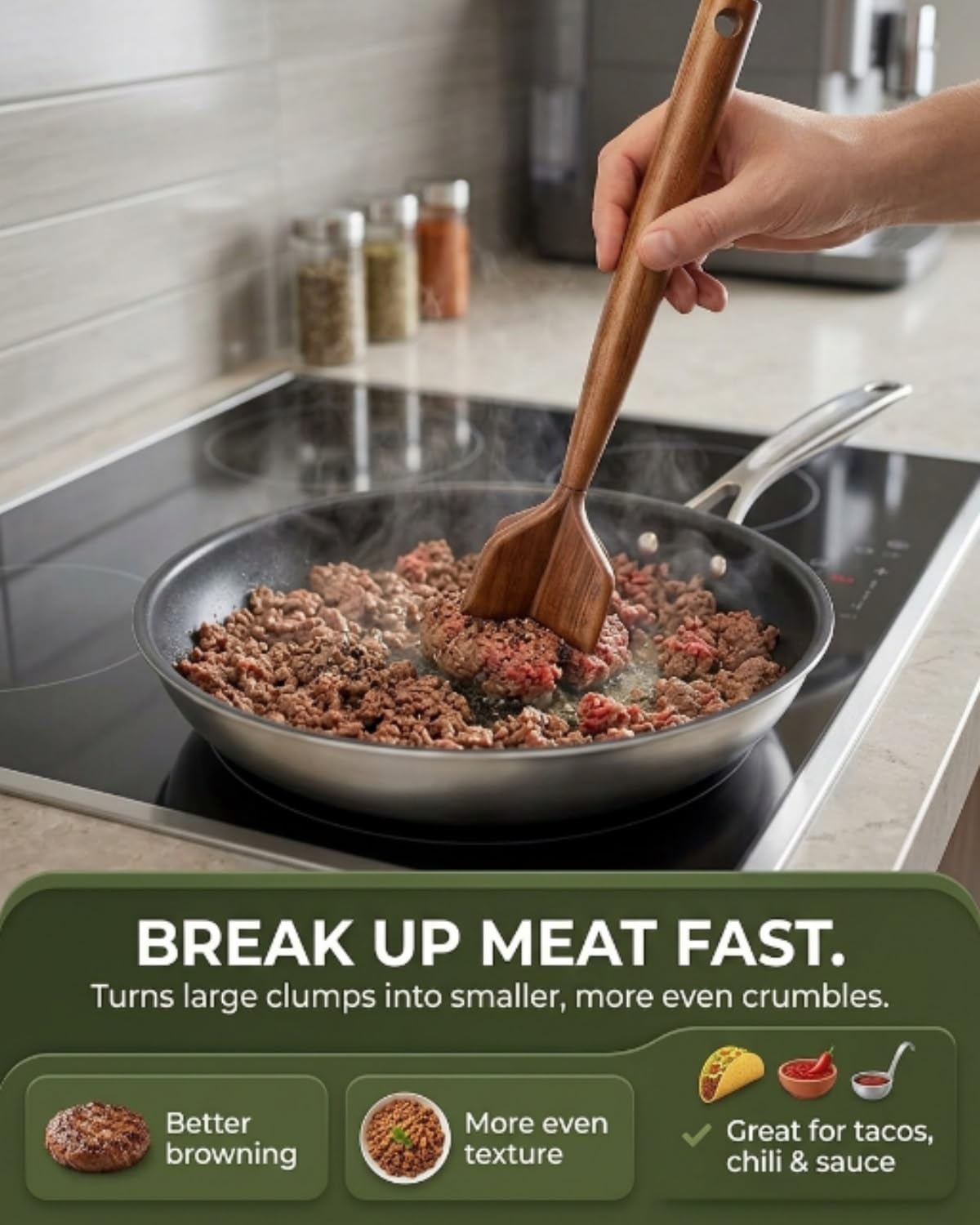 Wooden Meat Masher Chopper Ground Beef Potato Hamburger Teak Kitchen Appliances Utensils Essentials Set Tenderizer Gadgets Chicken Shredder Grinder Food Cooking Helper Tool Mallet