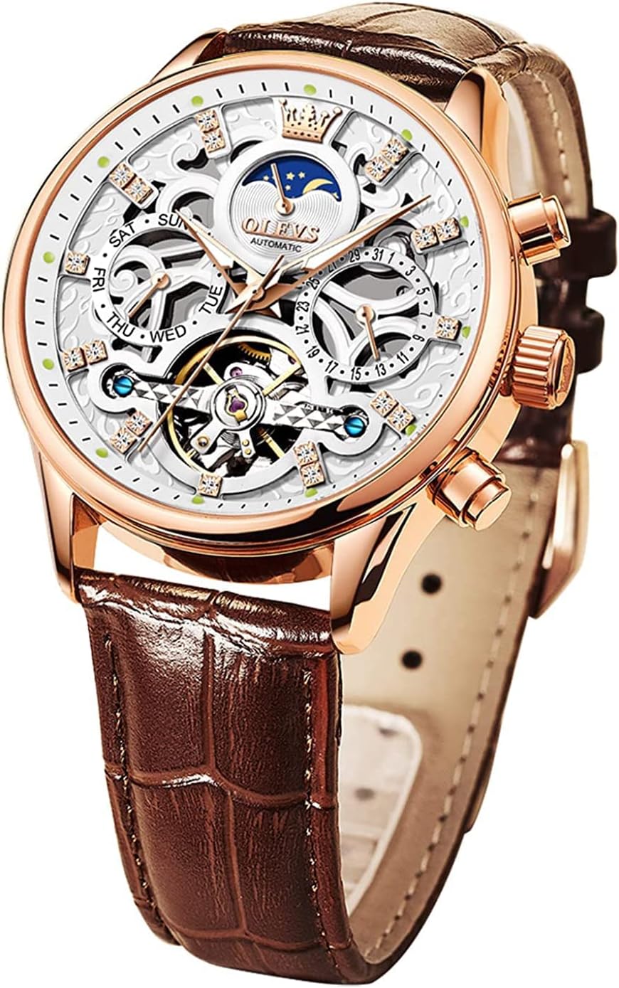 OLEVS Men Skeleton Watch Automatic Mechanical Dress Casual Brown Black Leather Moon Phase Luminous Waterproof Wrist Watches