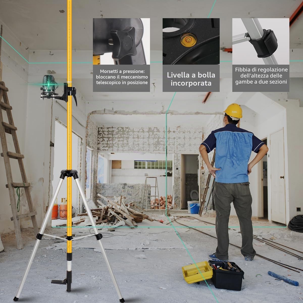 Asta per Livella Laser, Asta Telescopica da 4,8M con Treppiede, Asta di Supporto per Livella Laser per Livelle Laser Rotative e Laser a Linea, Filettatura 1/4"-20, Adattatore 5/8"-11