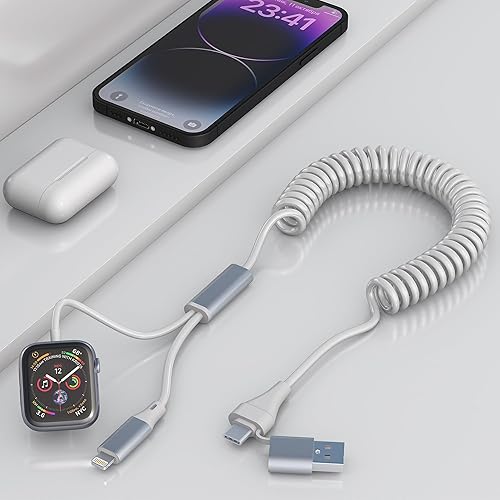 Cable de carga múltiple para cargador de Apple Watch  2 en 2 USB C cable Lightning en espiral para iWatch, cables de carga rápida para Apple Watch