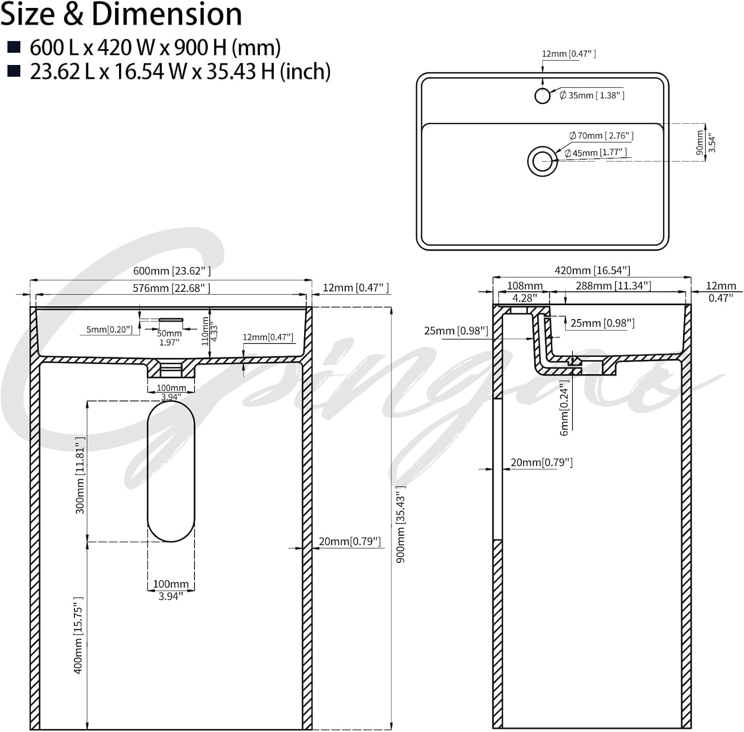 Cpingao 35" Stone Resin Rectangular Pedestal Sink with Overflow, Solid Surface Bathroom Pedestal Sink Basin with Faucet Hole and Pop-up Drain, Matte White